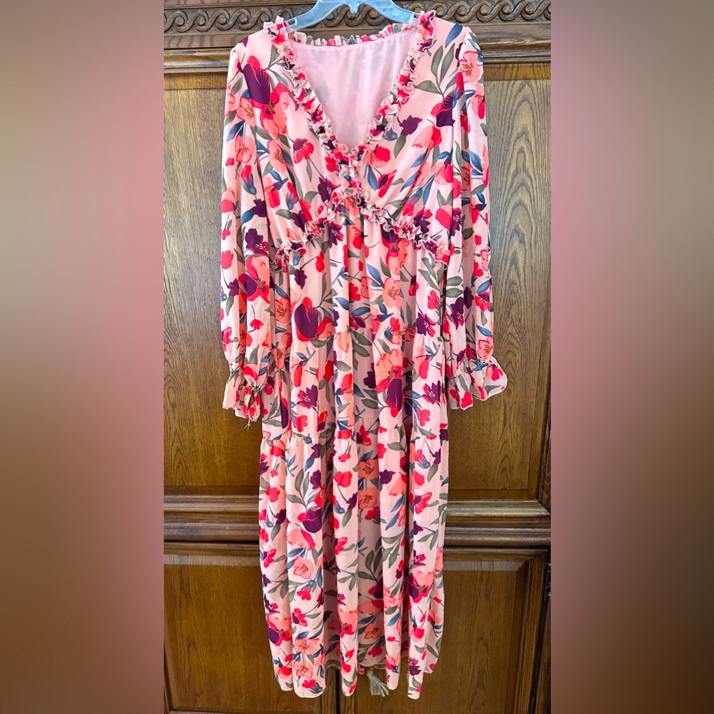 NWOT BEAUTIFUL Floral Pink Dress with lining XL